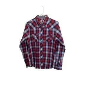 Wired Heart Mens Large Red Blue Plaid Western Snap Shirt Pearl Snap Cotton